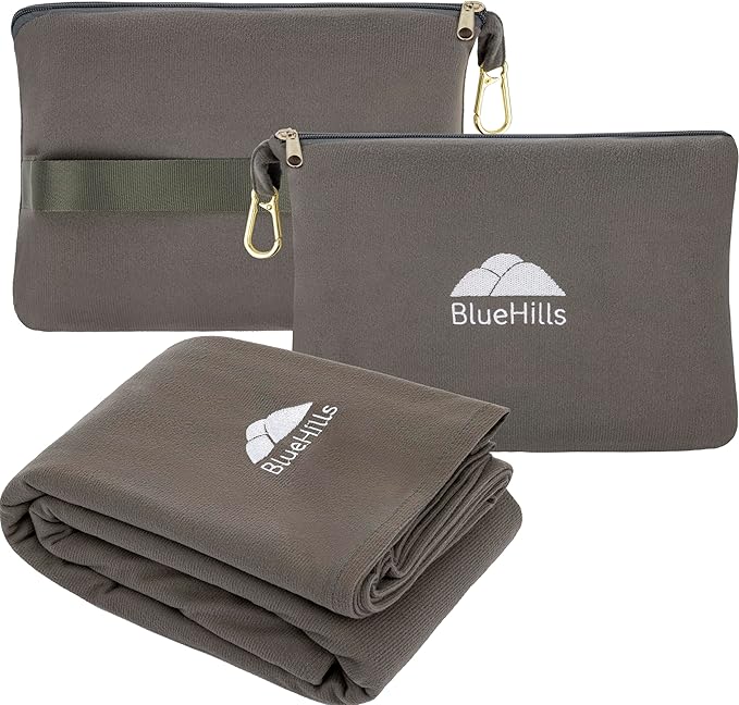 BlueHills Travel Blanket Pillow Compact Lightweight Pocket Size Airplane Traveling Essential Flight Trip Throw in Bag Portable Case Plane Accessory Gray L01