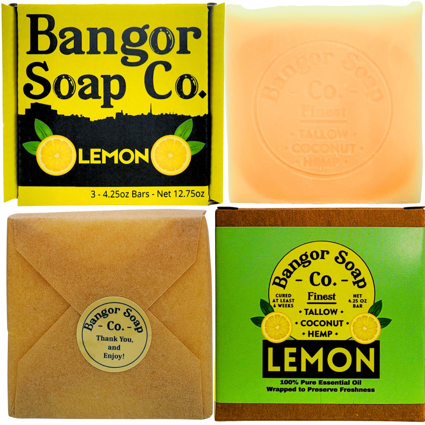 Bangor Soap Co.'s FRESH LEMON Pure, Natural Soap Bars, The FINEST Tallow, Coconut, and Hemp, NOTHING Artificial, NOTHING Superficial for A Smooth, Nourishing Lather (3-Pack)