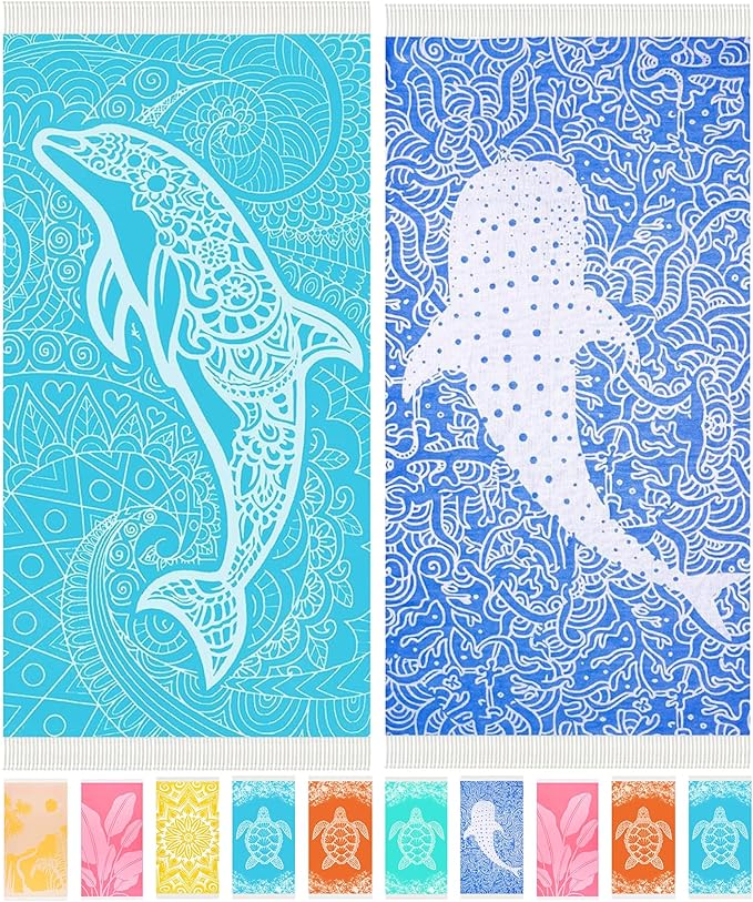 2 Pack Turkish Beach Towels Quick Dry Sand Free Soft Absorbent Adult Bath Pool Swim Stripe Towel Cloud Linen Sandfree Mat Summer Thing Lightweight Thin Travel Blue Fish Dolphins