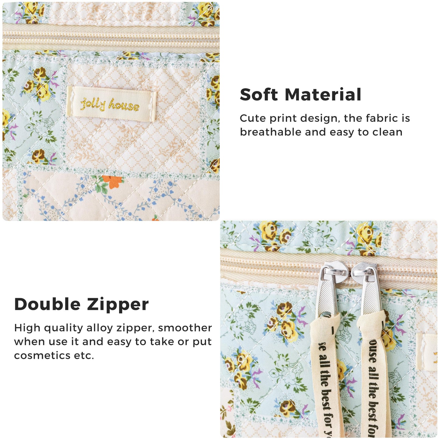 HBselect Quilted Makeup Bag, 3PCS Cotton Large Travel Makeup Bag, Cute Floral Coquette Make up Bag Cosmetic Bag Toiletry Bag for Women Girls