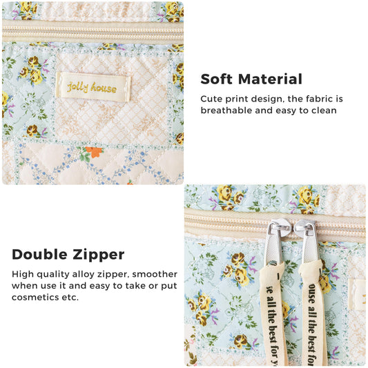 HBselect Quilted Makeup Bag, 3PCS Cotton Large Travel Makeup Bag, Cute Floral Coquette Make up Bag Cosmetic Bag Toiletry Bag for Women Girls