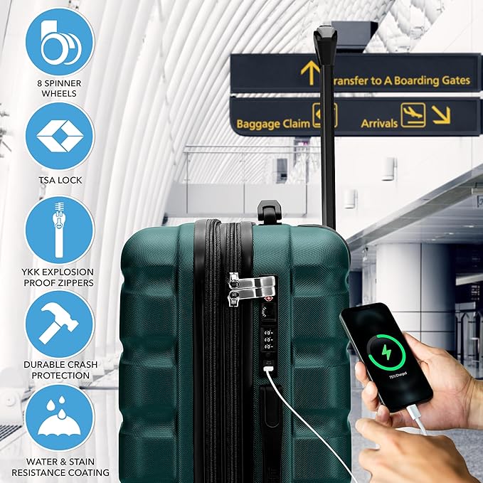 Carry On Suitcase Hardside TSA Lock & USB Port Silent Double Spinner Wheels Maximum Overhead Carry-On Bag Approved For Many Airlines( 22x18x10" ,Forest Green )