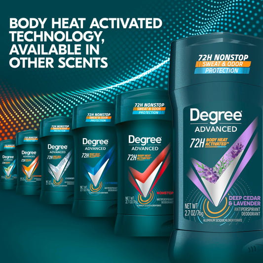 Degree Men Antiperspirant Deodorant Stick Deep Cedar & Lavender 4 Count 72-Hour Sweat and Odor Protection Deodorant for Men With Body Heat Activated Technology 2.7 oz