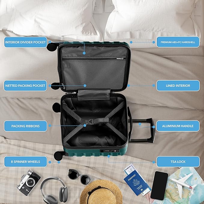 Carry On Suitcase Hardside Built In TSA Lock & USB Port Silent Double Spinner Wheels Maximum Underseat Carry-On Bag For American & United Approved Airlines( 18x14x8" ,Forest Green )