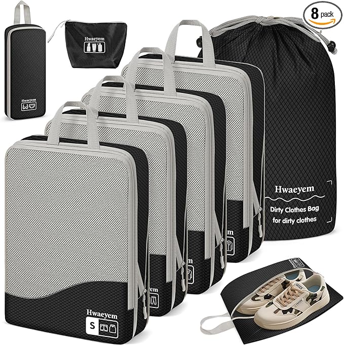 Compression Packing Cubes 8 Set, Dual Zipper Compression Packing Cubes for Travel, See-Through Mesh Packing Bags for Suitcases, packing cubes with shoe bag (Black)