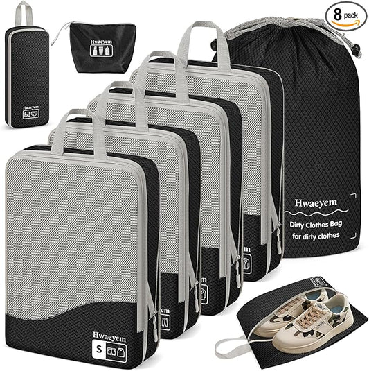 Compression Packing Cubes 8 Set, Dual Zipper Compression Packing Cubes for Travel, See-Through Mesh Packing Bags for Suitcases, packing cubes with shoe bag (Black)