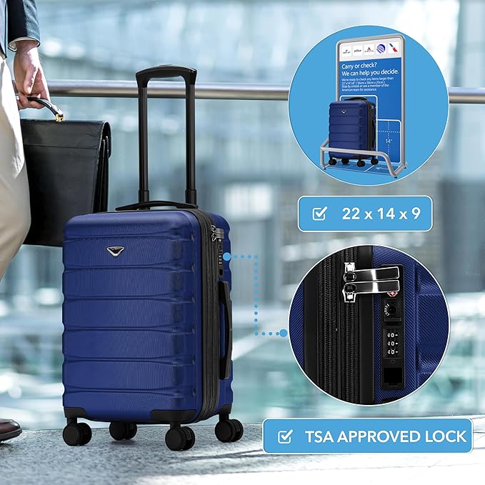 Carry On Suitcase Hardside Built In TSA Lock & USB Port Silent Double Spinner Wheels Maximum Overhead Carry-On Bag For American & United Approved Airlines( 22x14x9" ,Navy )