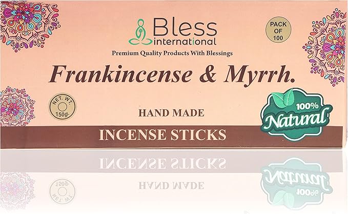 Bless-Frankincense-and-Myrrh 100%-Natural-Handmade-Hand-Dipped-Incense-Sticks Organic-Chemicals-Charcoal-Free Purification-Relaxation-Positivity-Yoga-Meditation Best-Woods-Scent (100 Sticks (5.25 OZ))