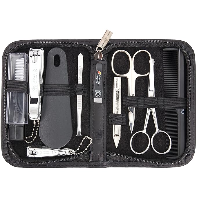 3 Swords Germany – brand quality 10 piece manicure pedicure grooming kit set for nail care tweezers file clipper, Made by 3 Swords (BLACK - GENUINE LEATHER)