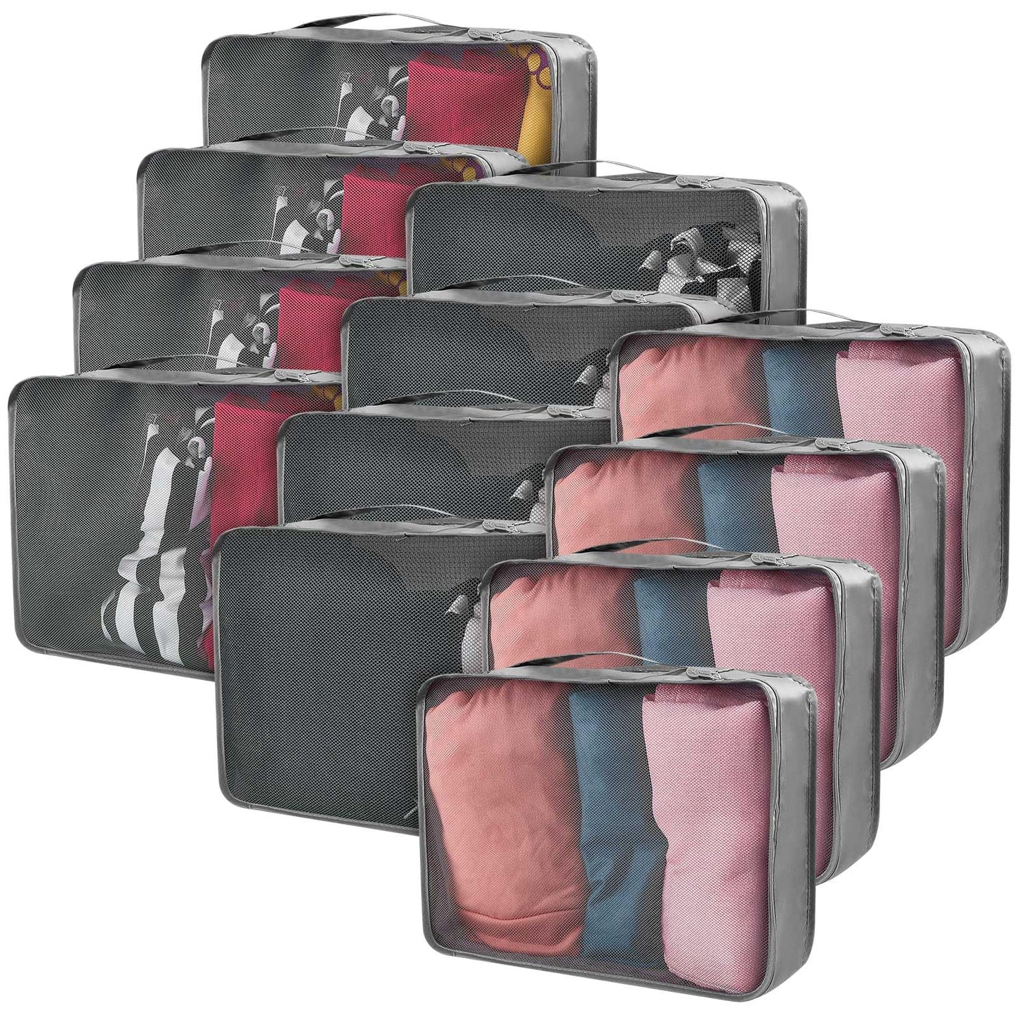 Silkfly 12 Pcs Packing Cubes for Suitcase Travel Luggage Bags Bulk Mesh Organizer Set for Hiking Camping Backpacking Clothes Accessories(Gray)