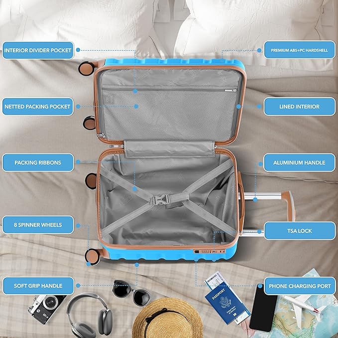 Carry On Suitcase Hardside TSA Lock & USB Port Silent Double Spinner Wheels Maximum Carry-On Bag For Canada Air Approved Airlines( 21.5x15.5x9" ,Turquoise/Tan )