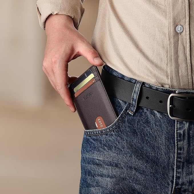 Buffway Mens Slim Wallet, Minimalist Thin Front Pocket Leather Credit Card Holder with RFID Blocking for Work Travel