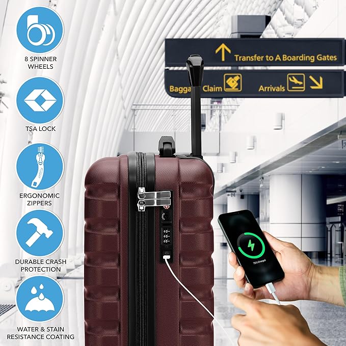 Carry On Suitcase Hardside Built In TSA Lock & USB Port Silent Double Spinner Wheels Maximum Underseat Carry-On Bag For American & United Approved Airlines( 18x14x8" ,Burgundy )