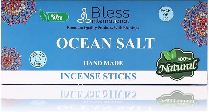 Bless-Ocean-Salt 100%-Natural-Handmade-Hand-Dipped-Incense-Sticks Organic-Chemicals-Charcoal-Free Purification-Relaxation-Positivity-Yoga-Meditation Best-Woods-Scent (100 Sticks(5.25 OZ))