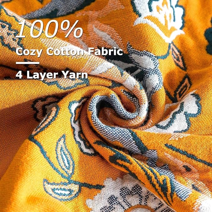 Boho Throw Blanket for Bed 100% Cotton Ultra Soft Rustic Quilt Fall Blanket Floral Printed Farmhouse Decor Bed Blankets,80"×90" All Season Rustic Throw for Sofa Couch Chair
