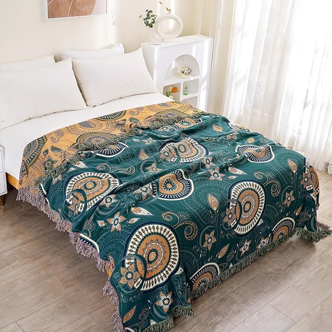 Boho Throw Blanket for Bed 100% Cotton Ultra Soft Rustic Quilt Spring Blanket- Farmhouse Decor Bed Fall Blanket,All Season Rustic Throw for Sofa Couch Chair (Boho-Floral-O, 80"×90")
