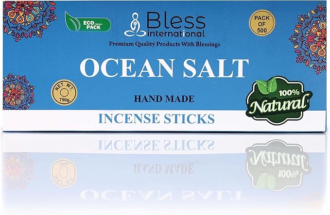 Bless-Ocean-Salt 100%-Natural-Handmade-Hand-Dipped-Incense-Sticks Organic-Chemicals-Charcoal-Free Purification-Relaxation-Positivity-Yoga-Meditation Best-Woods-Scent (500 Sticks(26 OZ))