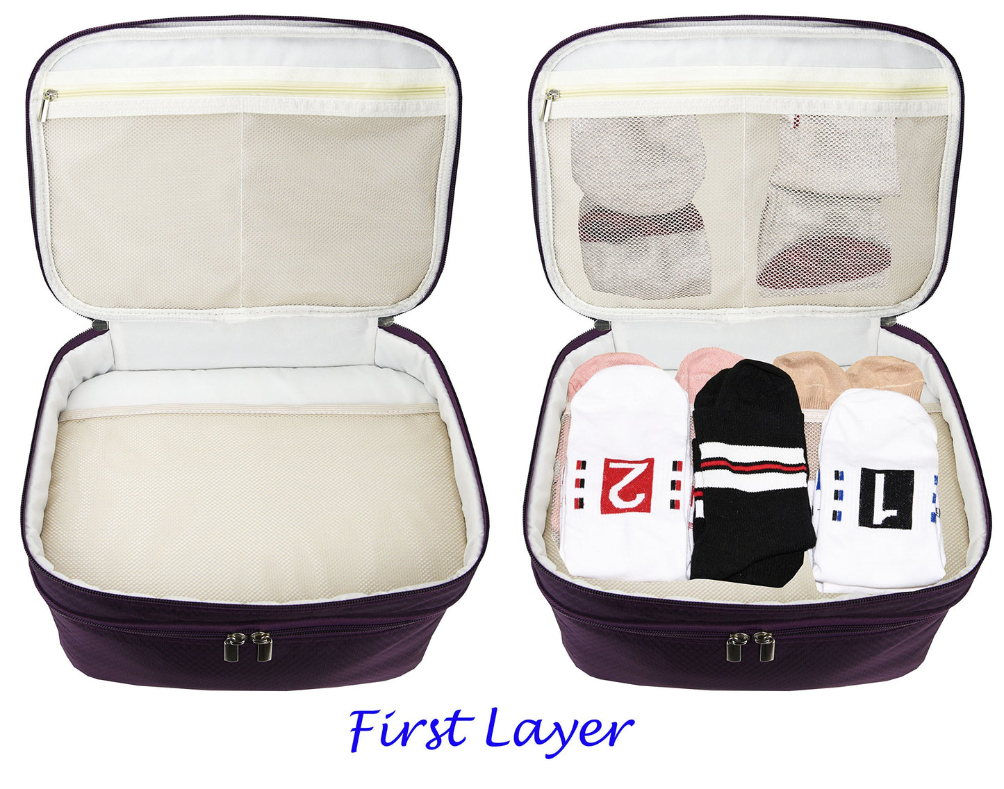 Travel Organizer Underwear Bag - Large Double Layer Packing Storage Bag - Fits Large Bra, Socks, Underpants, Cosmetic, Toiletry Kit (Purple)