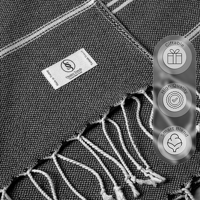 Black Turkish Beach Towel – Absorbent & Quick Dry, Oversized (39” x 71”), Decorative, Lightweight, and Functional, Great as a Yoga Blanket, Beach Blanket, or Cruise, and Gym Towel