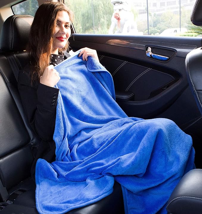 BlueHills Travel Blanket Pillow in Mini Soft Case Premium Plush Airplane Blanket in Soft Bag Compact Pack with Luggage Belt and Backpack Clip Car Portable Cozy Traveling Accessories - Royal Blue M07