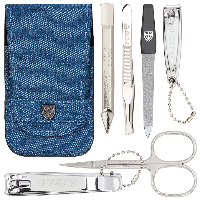 3 Swords Germany - brand quality 6 piece manicure pedicure grooming kit set for professional nail care with jeans textile case - Made in Germany