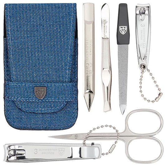 3 Swords Germany - brand quality 6 piece manicure pedicure grooming kit set for professional nail care with jeans textile case - Made in Germany