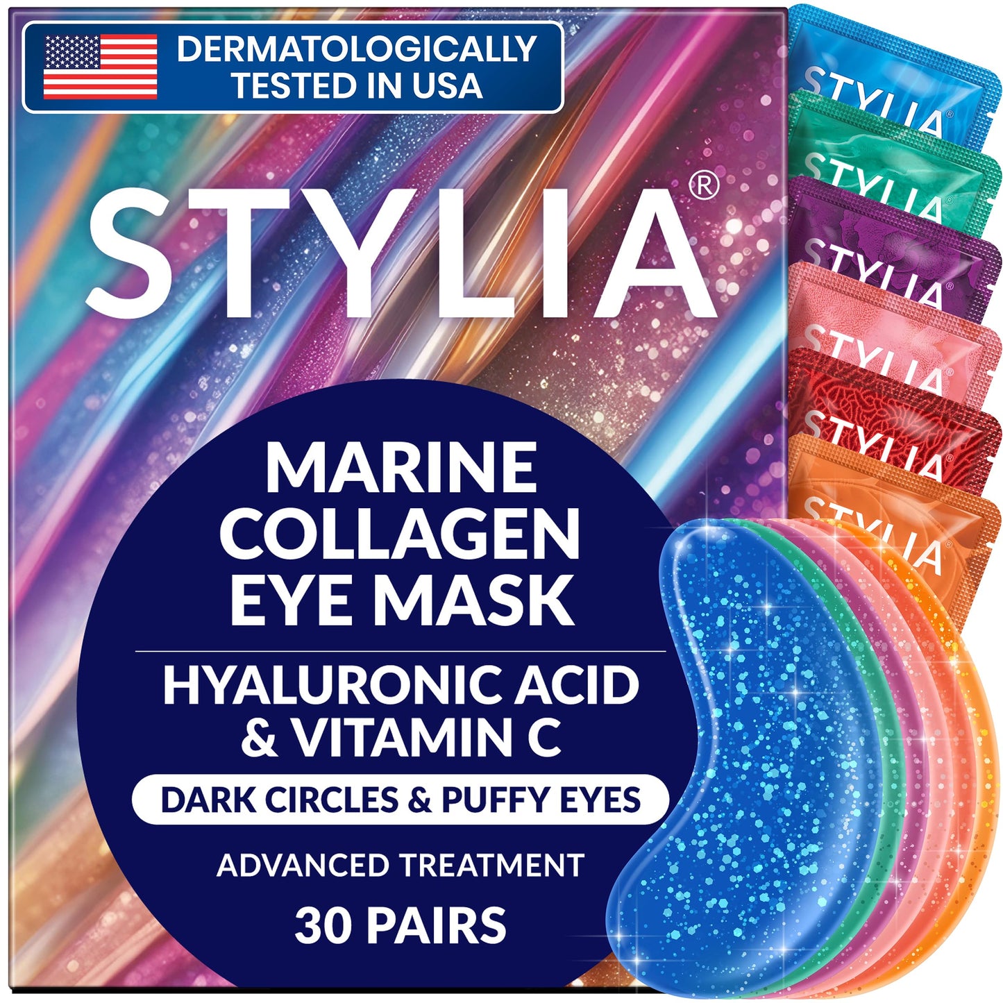 Stylia Under Eye Patches for Puffy Eyes and Dark Circles (30 Pairs) - Marine Collagen Under Eye Mask with Vitamin C, Hyaluronic Acid, Pearl Extract - Eye Masks for Dark Circles and Puffiness