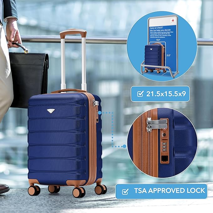 Carry On Suitcase Hardside TSA Lock & USB Port Silent Double Spinner Wheels Maximum Carry-On Bag For Canada Air Approved Airlines( 21.5x15.5x9" ,Navy/Tan )