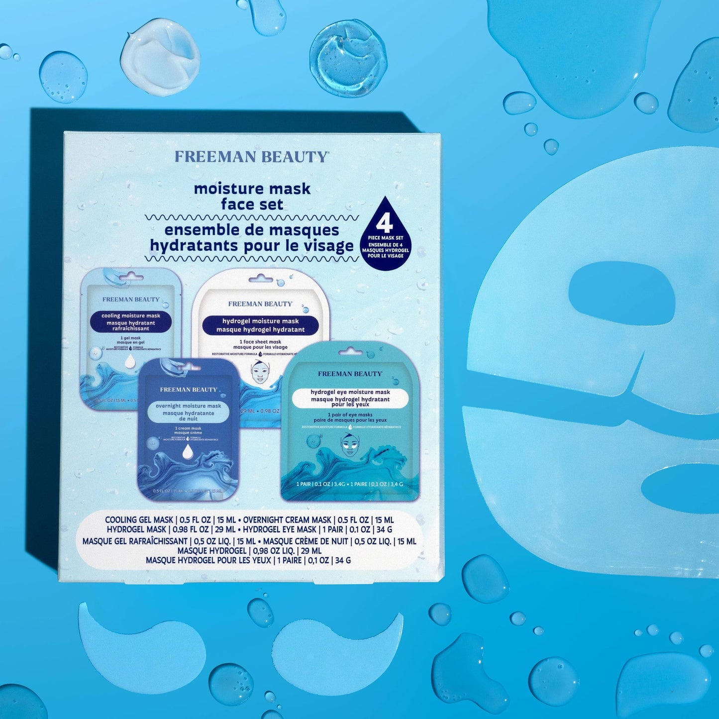 Freeman 4 Piece Moisture Mask Face Set, Hydrating Face Masks & Under Eye Mask For Puffy Eyes, Hydrogel Masks For Dry Skin, Hyaluronic Acid, Travel-Friendly, Vegan & Cruelty Free Skincare