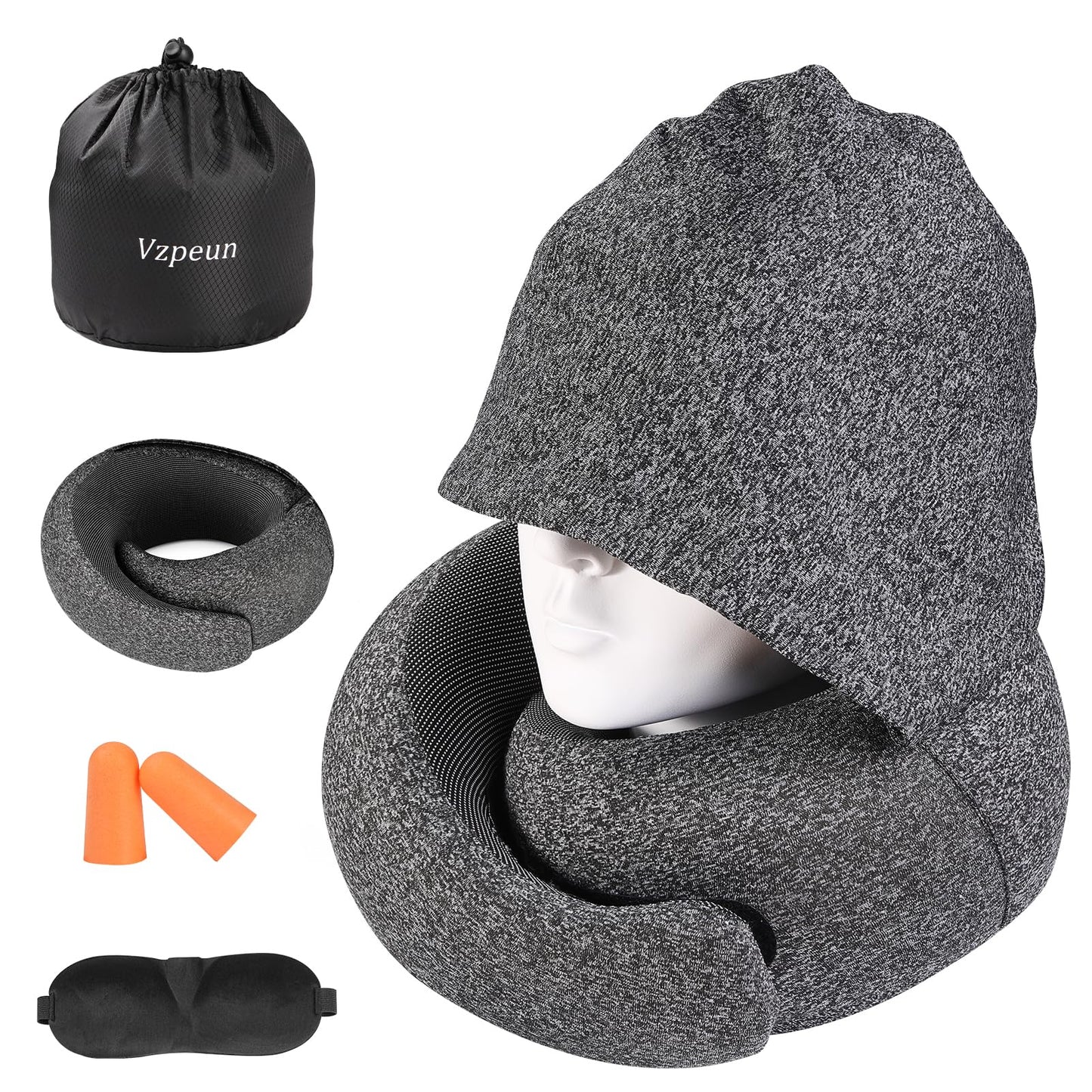 Vzpeun Travel Pillow - Hooded Neck Pillow Airplane Memory Foam Filling for Plane, Office, Cars Sleeping, Road Trip, Long Flights, Portable Plane Accessories, Includes Eye Mask & Earplugs (Dark Gray)