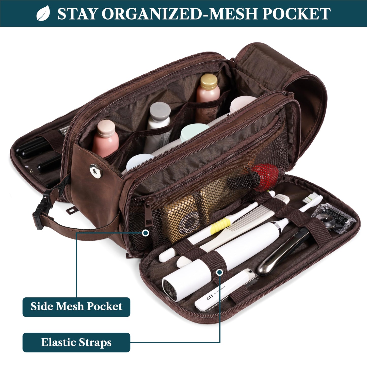 PAVILIA Large Toiletry Bag for Men Women, Mens Travel Bag Toiletries Organizer Case for Grooming, Travel Essentials Shaving Dopp Kit, PU Leather Water Resistant Cosmetic Pouch, Dark Brown