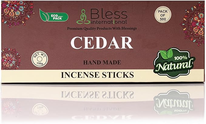 Bless-Cedar 100%-Natural-Handmade-Hand-Dipped-Incense-Sticks Organic-Chemicals-Charcoal-Free Purification-Relaxation-Positivity-Yoga-Meditation Best-Woods-Scent (500 Sticks(26 OZ))