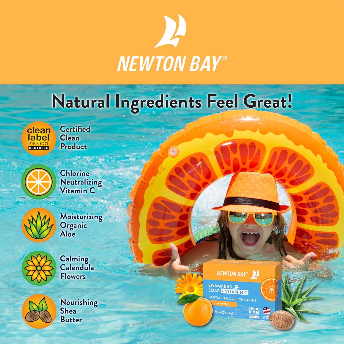 Newton Bay Swimmers Soap + Vitamin C | All Natural Body and Face Wash Soap Bar | Neutralizes and Washes Away Chlorine After Swimming | Revitalizes Sensitive Skin | Single 4 Ounce Soap Bar