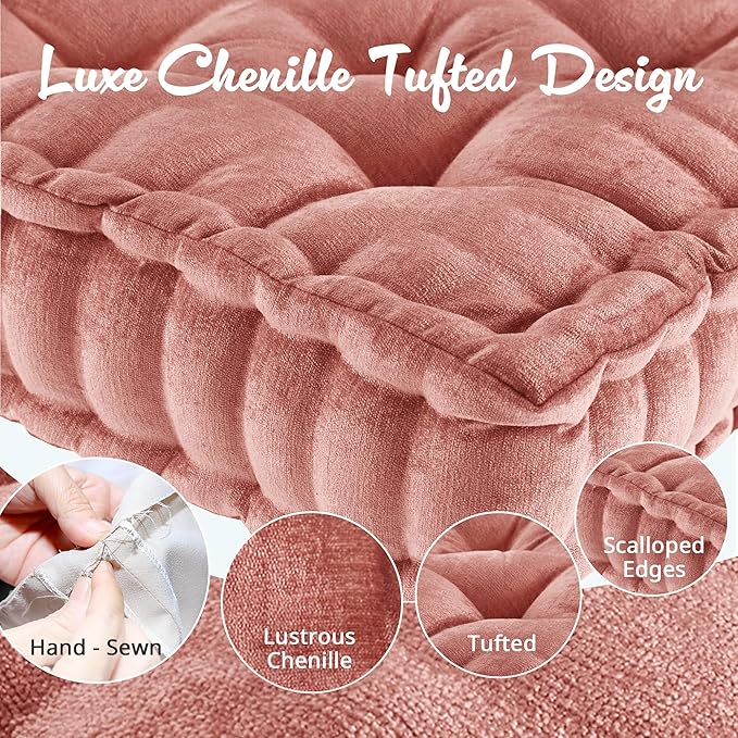 Intelligent Design Azza Floor Pillow, Large Seat Cushions for Adults, Floor Pillow for Meditation or Yoga, Lustrous Chenille Tufted, Scalloped Edges for Bench/Chair Cushion, 20"x20"x5", Dusty Peach