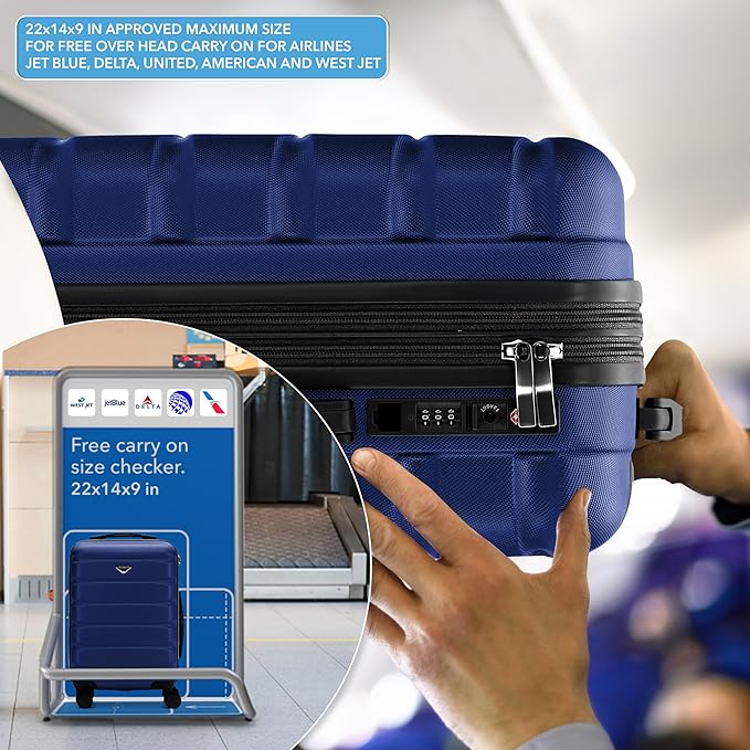 Carry On Suitcase Hardside Built In TSA Lock & USB Port Silent Double Spinner Wheels Maximum Overhead Carry-On Bag For American & United Approved Airlines( 22x14x9" ,Navy )