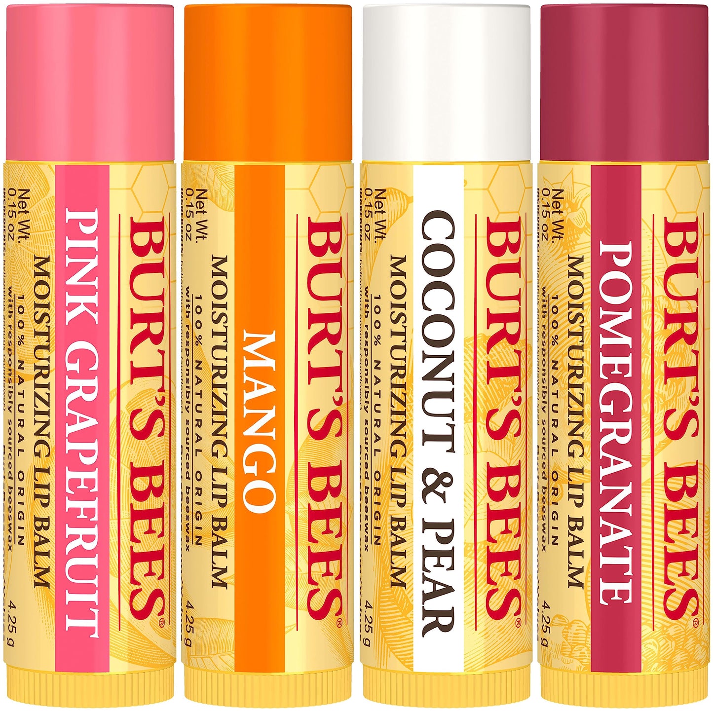 Burt's Bees Lip Balm - Pink Grapefruit, Mango, Coconut & Pear, and Pomegranate Pack, Lip Moisturizer With Beeswax, Tint-Free, Natural Origin Conditioning Treatment, 4 Tubes, 0.15 oz.