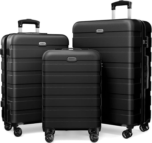 AnyZip Luggage Sets 3 Piece Hardshell Suitcase Set PC ABS Lightweight Travel Suitcases with 4 Double Spinner Wheels TSA Lock 20 24 28 Inch Black