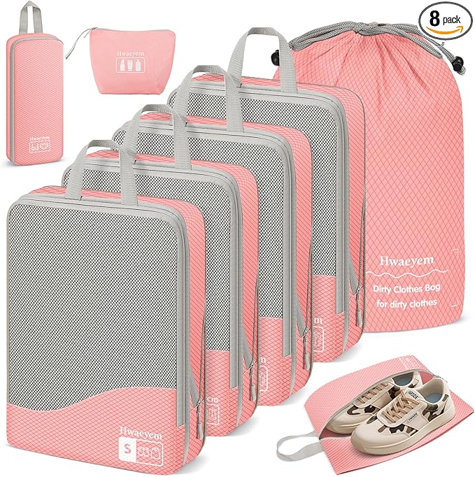 Compression Packing Cubes 8 Set, Dual Zipper Compression Packing Cubes for Travel, See-Through Mesh Packing Bags for Suitcases, packing cubes with shoe bag (Pink)