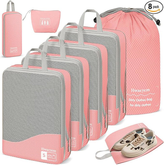Compression Packing Cubes 8 Set, Dual Zipper Compression Packing Cubes for Travel, See-Through Mesh Packing Bags for Suitcases, packing cubes with shoe bag (Pink)