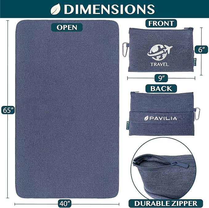 PAVILIA Travel Blanket Compact, Airplane Packable Bag, Soft Fleece Portable Throw Pillow Combo Set, Plane Flight Car Trips Essentials Gift Accessories, Luggage Backpack Clip, Navy Blue, 65 x 40 inch