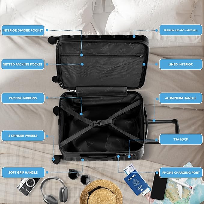 Carry On Suitcase Hardside Built In TSA Lock & USB Port Silent Double Spinner Wheels Maximum Overhead Carry-On Bag For Virgin & South West Approved Airlines( 24x16x10" ,Black )