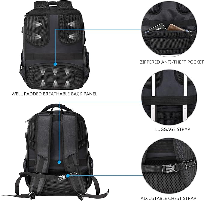 KROSER TSA Friendly Travel Laptop Backpack 17.3 inch XL Computer Backpack Water-Repellent College Daypack Business Backpack with RFID Pockets & USB Port for Men/Women-Black