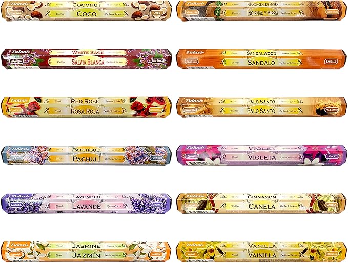Tulasi Incense Sticks Pack of 12 Natural Scent (240 sticks) Variety Fragrance of Coconut, White Sage, Red Rose, Palo Santo, Lavender & Cinnamon etc, Ideal for Aromatherapy, Meditation & Positive Vibes