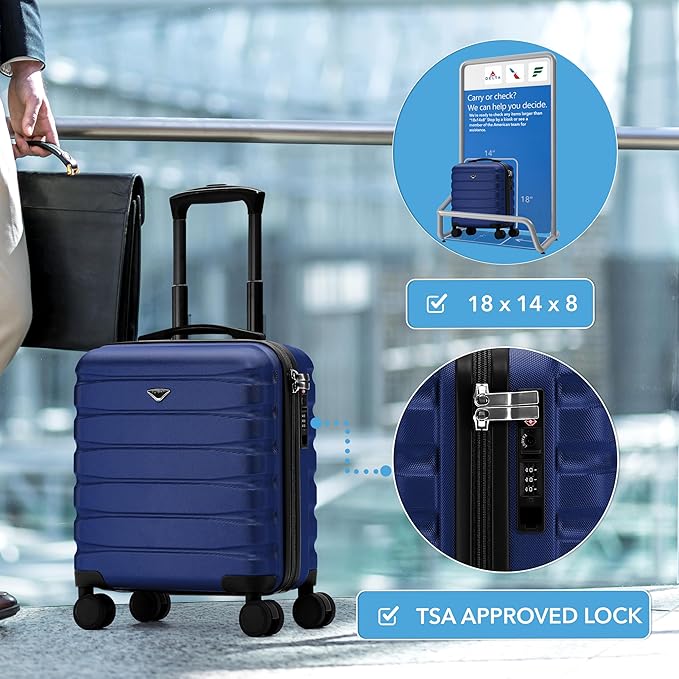 Carry On Suitcase Hardside Built In TSA Lock & USB Port Silent Double Spinner Wheels Maximum Underseat Carry-On Bag For American & United Approved Airlines( 18x14x8" ,Navy )