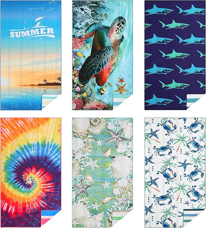 Casa Platino Pool Towels 6 Pack – Oversized 71"x32" Sand Free Microfiber Towel, Quick Dry and Lightweight with Double-Sided Prints, Beach Gifts for Women, Ideal for Travel & Camping – Lucky Bay