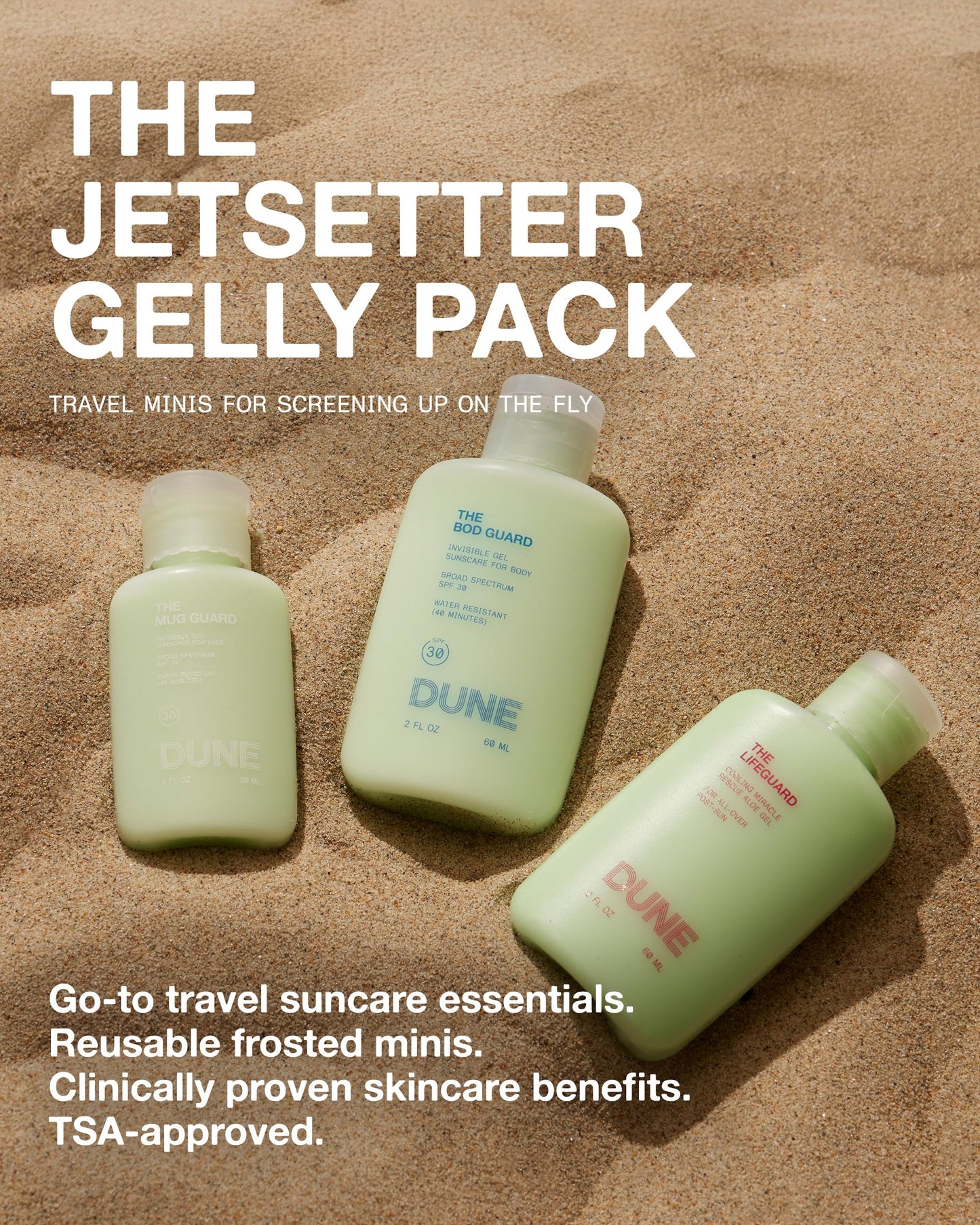 Jetsetter Gelly Mini Travel Sunscreen Kit - 72-Hour Hydration, Fine Line, Redness Reduction, Moisturising Face and Body Sunscreen - Travel SPF Kit w/Aloe Rescue Gel for Tan Relief (2 Fl Oz Each)