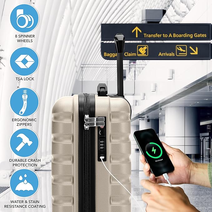 Carry On Suitcase Hardside Built In TSA Lock & USB Port Silent Double Spinner Wheels Maximum Underseat Carry-On Bag For American & United Approved Airlines( 18x14x8" ,Champagne )