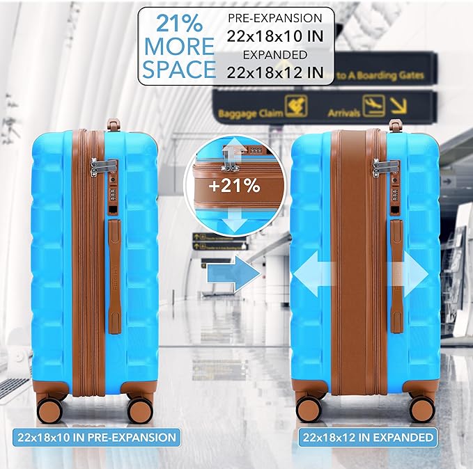 Carry On Suitcase Hardside TSA Lock & USB Port Silent Double Spinner Wheels Maximum Overhead Carry-On Bag Approved For Many Airlines( 22x18x10" ,Turquoise/Tan )
