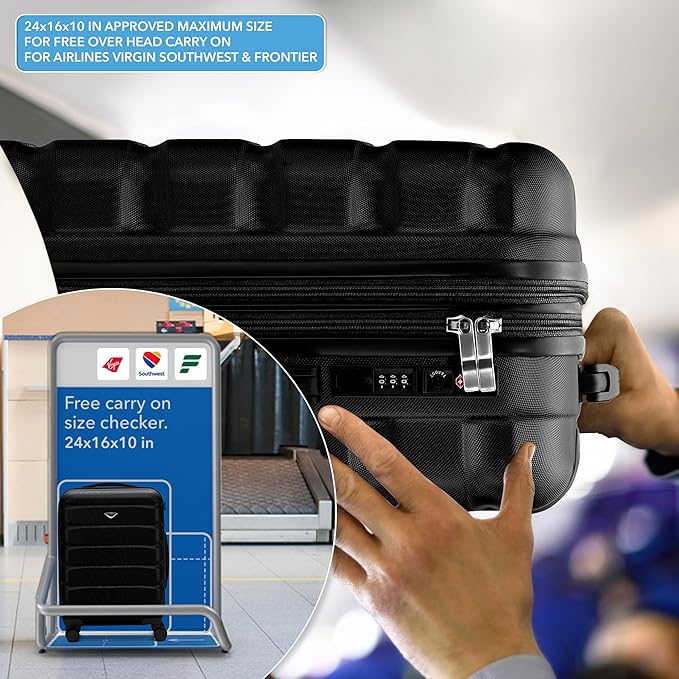 Carry On Suitcase Hardside Built In TSA Lock & USB Port Silent Double Spinner Wheels Maximum Overhead Carry-On Bag For Virgin & South West Approved Airlines( 24x16x10" ,Black )