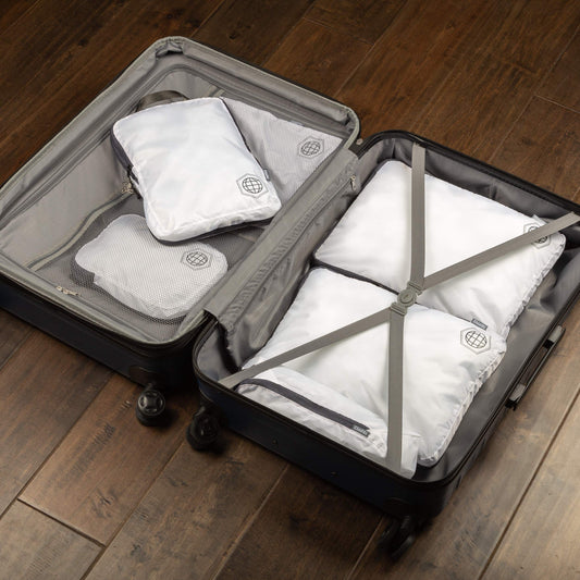 Large Compression Packing Cubes 6 Piece Set for Travel with Lightweight Laundry Bag for Carry-On Suitcase by TRIPPED Travel Gear (White)